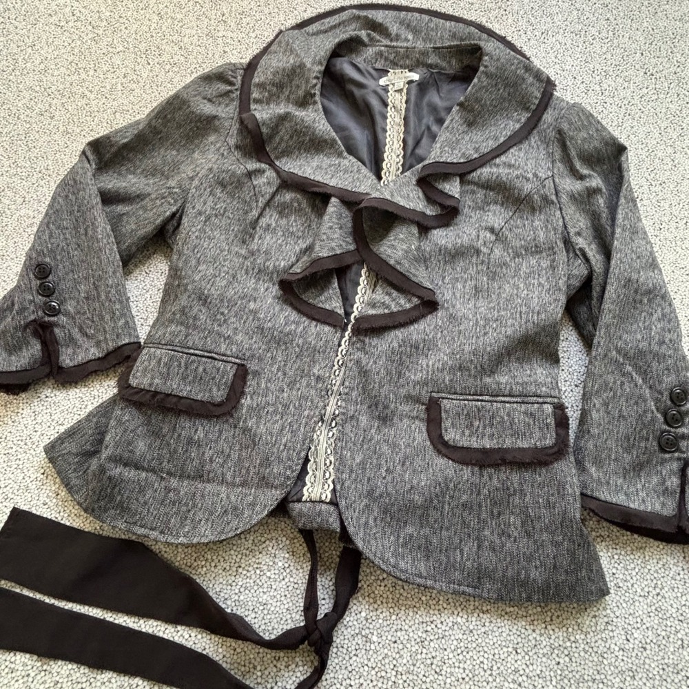Charlotte Russe Blazer XL Gray Herringbone Ruffle Belt Dark Academia Whimsy Goth